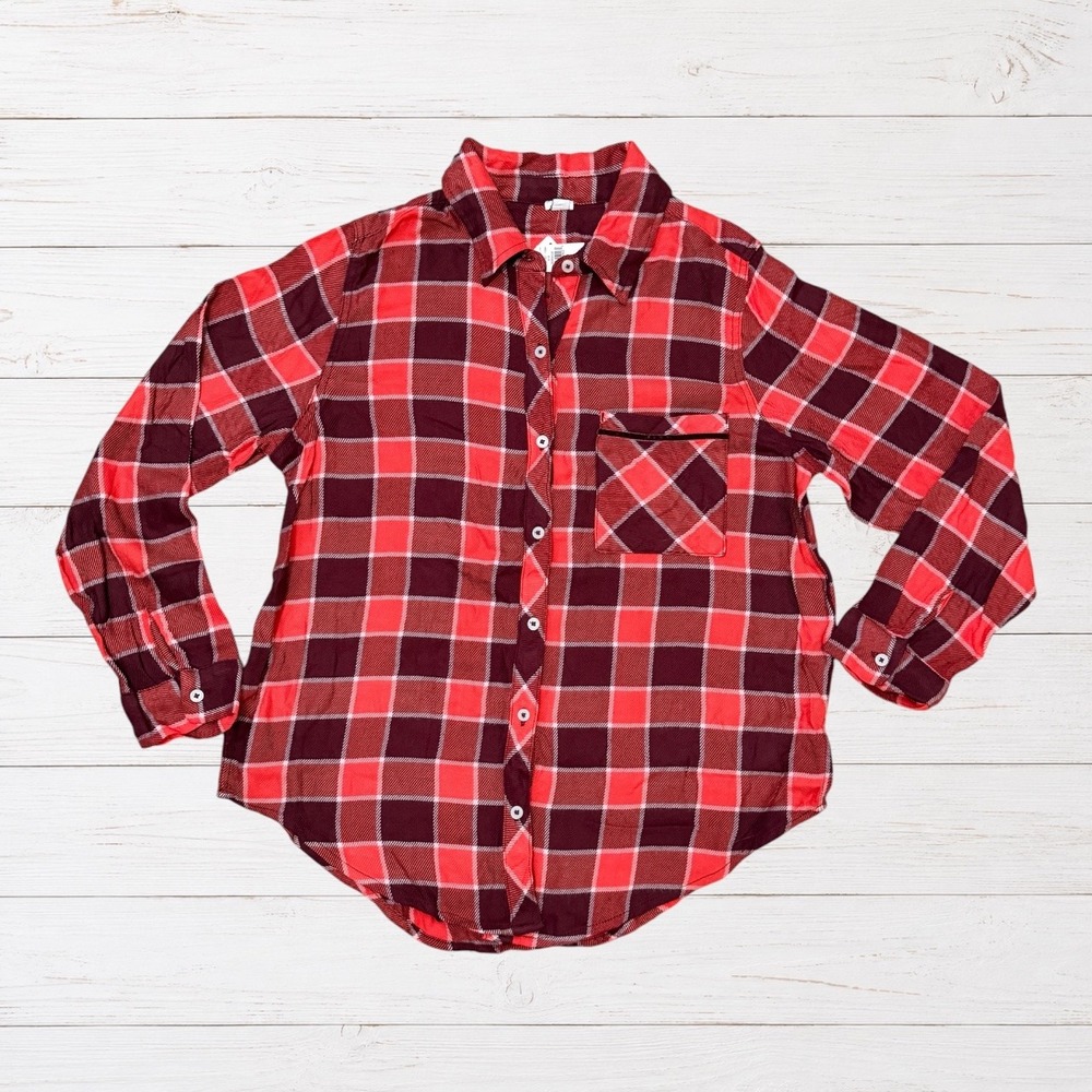 Aerie NWT Orange & Maroon Plaid Flannel Pajama Sleep Shirt S Cabincore